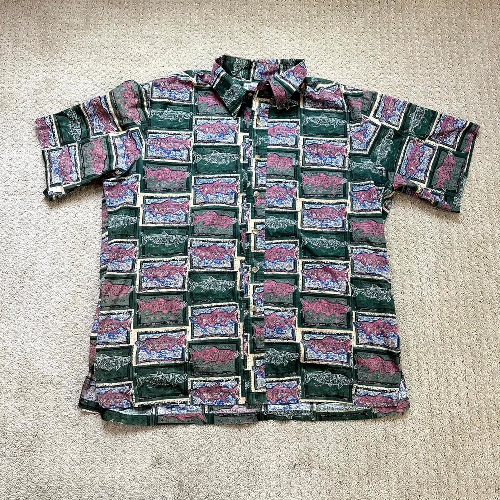 Vintage Kahala Camp Shirt Mens XL Hawaiian Fish Print Button Camp Shirt AOP AVi